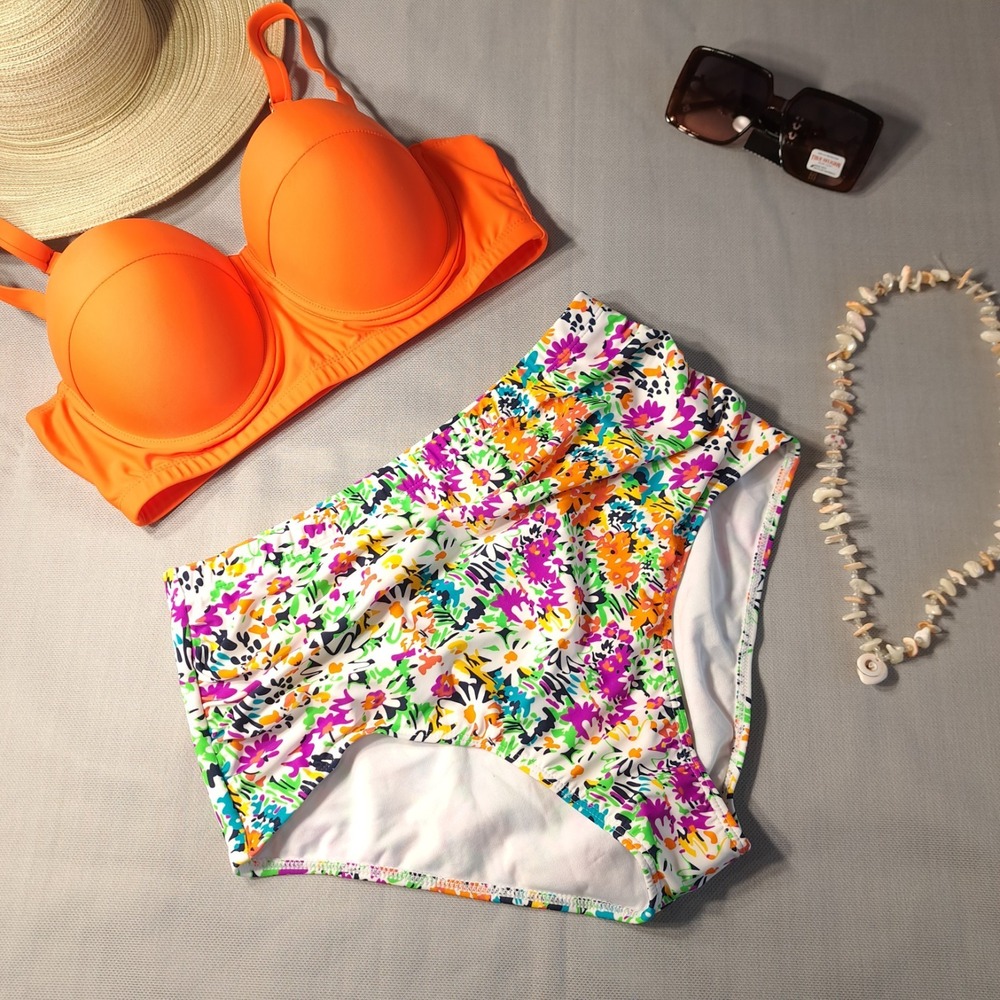 Women's High-Waisted Two-Piece‎ Bikini Bathing Swimsuit Orange/Multi L Floral